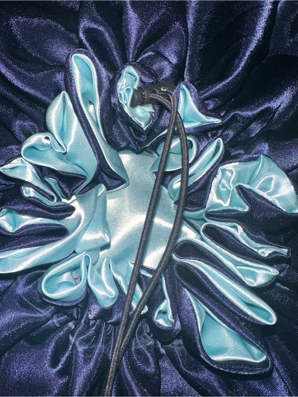 Two-Tone Satin Drawstring Hair Accessory Pouch - Navy and Light Blue